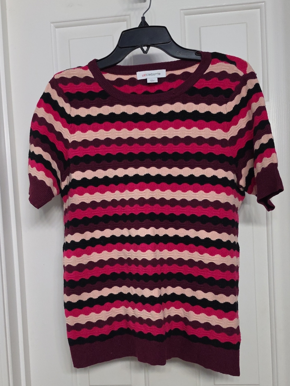 Liz Claiborne Burgundy and Pink Striped Short Sleeve Knit Top